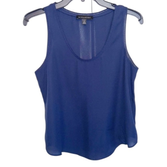 Banana Republic Sleeveless Blouse Navy Blue XS Petite Picot Trim Officecore - Picture 1 of 11